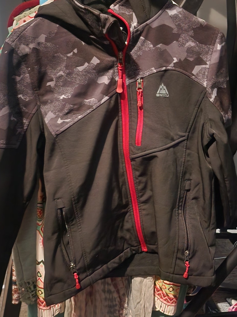 Snozu Black Kids' Hooded Softshell Jacket with Red Zippers